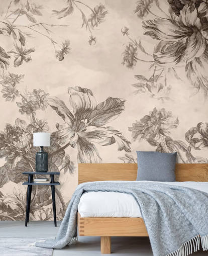 Fondo crema con dibujos a tinta negra de flores y vides