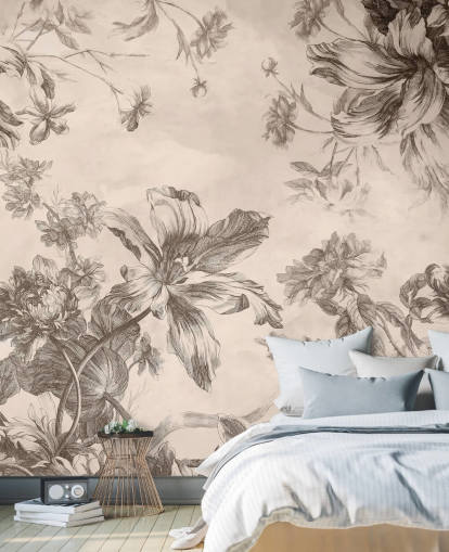 Sfondo crema con disegni a inchiostro nero di fiori e viti Sfondo crema con disegni a inchiostro nero di fiori e viti