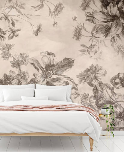 Fondo crema con dibujos a tinta negra de flores y vides