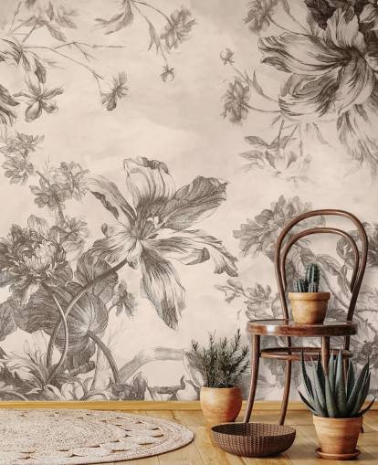 Fundo creme com desenhos de flores e videiras em tinta preta Fundo creme com desenhos de flores e videiras em tinta preta