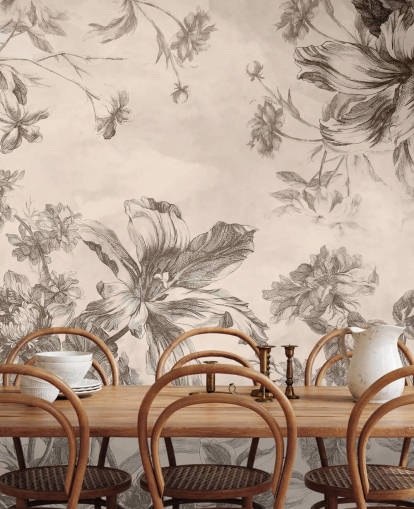 Cream background with black ink drawings of flowers and vines