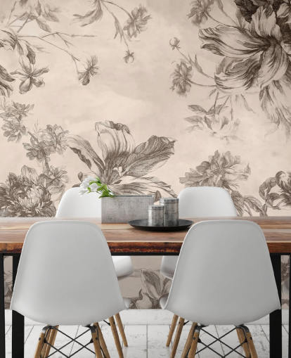 Cream background with black ink drawings of flowers and vines