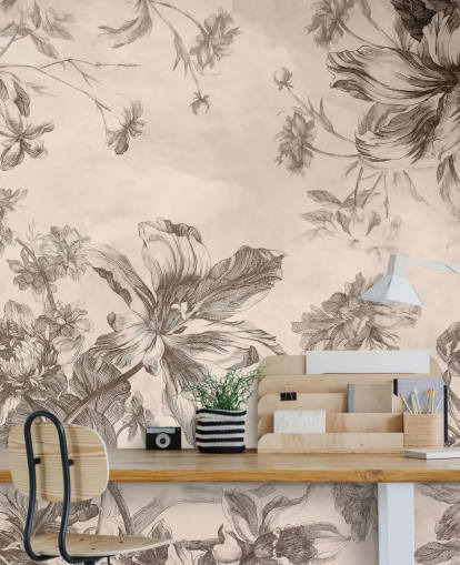 Cream background with black ink drawings of flowers and vines