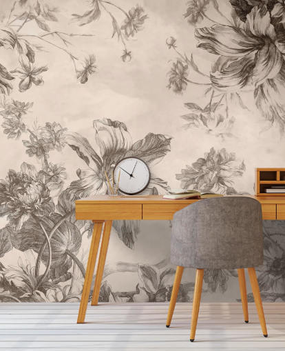 Cream background with black ink drawings of flowers and vines