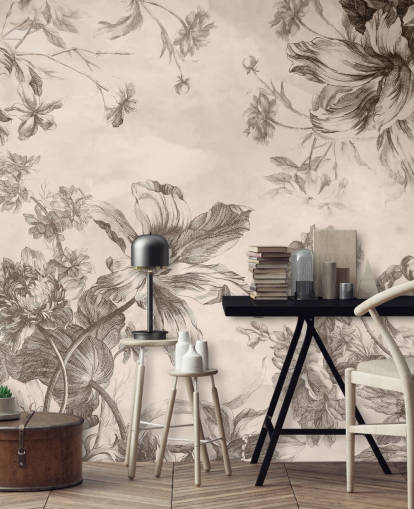 Sfondo crema con disegni a inchiostro nero di fiori e viti Sfondo crema con disegni a inchiostro nero di fiori e viti