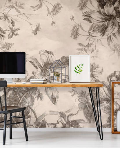 Sfondo crema con disegni a inchiostro nero di fiori e viti