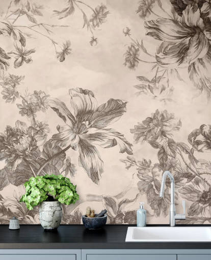 Sfondo crema con disegni a inchiostro nero di fiori e viti