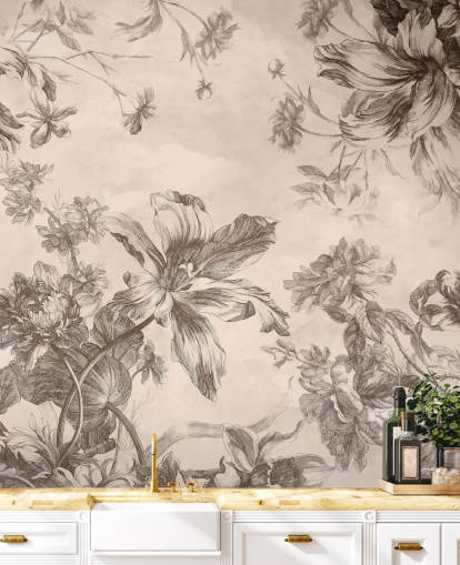 Fondo crema con dibujos a tinta negra de flores y vides