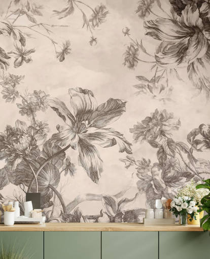 Cream background with black ink drawings of flowers and vines