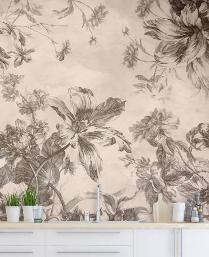 Fondo crema con dibujos a tinta negra de flores y vides