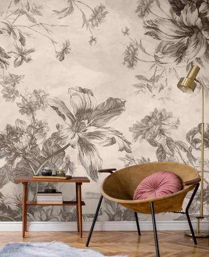 Sfondo crema con disegni a inchiostro nero di fiori e viti Sfondo crema con disegni a inchiostro nero di fiori e viti