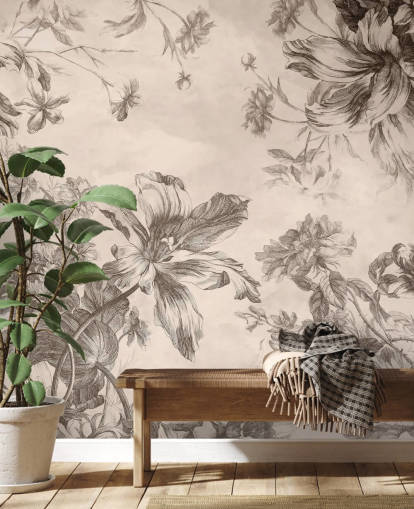 Fond crème avec dessins à l'encre noire de fleurs et de vignes Fond crème avec dessins à l'encre noire de fleurs et de vignes