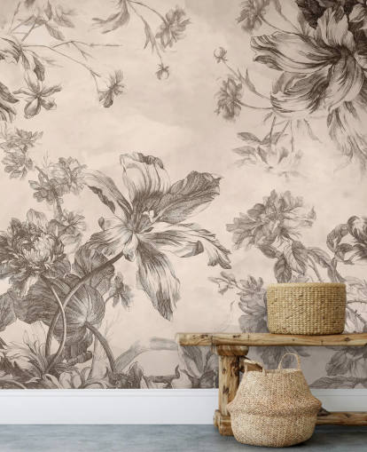 Fundo creme com desenhos de flores e videiras em tinta preta