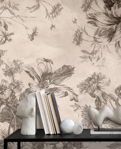 Cream background with black ink drawings of flowers and vines