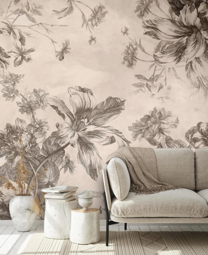 Cream background with black ink drawings of flowers and vines