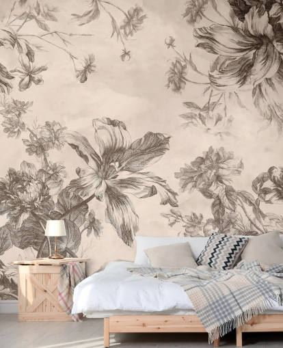 Cream background with black ink drawings of flowers and vines