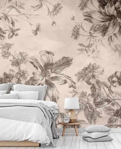 Fundo creme com desenhos de flores e videiras em tinta preta