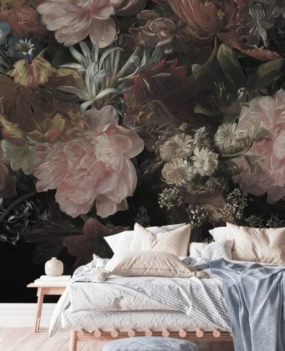 Fondo negro con flores grandes y realistas de color blanco y rosa Fondo negro con flores grandes y realistas de color blanco y rosa