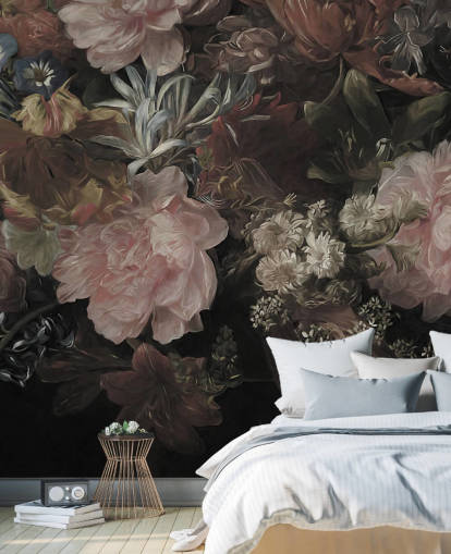 Sort baggrund med realistiske og store hvide og lyserøde blomster