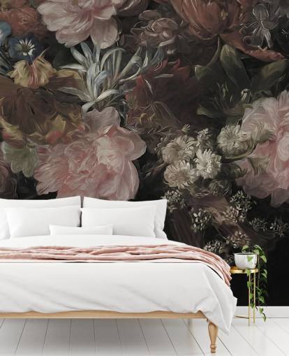 Svart bakgrunn med realistiske og store hvite og rosa blomster Svart bakgrunn med realistiske og store hvite og rosa blomster