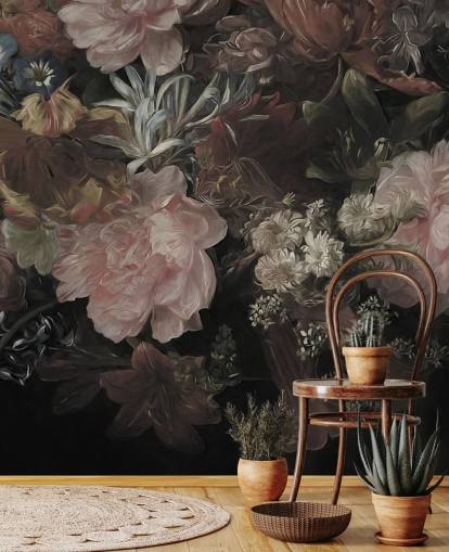 Svart bakgrunn med realistiske og store hvite og rosa blomster