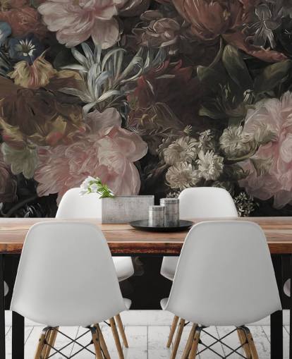 Black background with realistic and large white and pink flowers