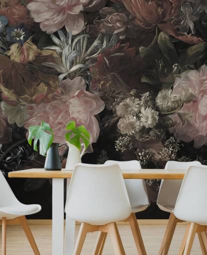 Black background with realistic and large white and pink flowers