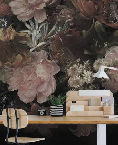 Schwarzer Hintergrund mit realistischen und großen weißen und rosa Blumen Schwarzer Hintergrund mit realistischen und großen weißen und rosa Blumen