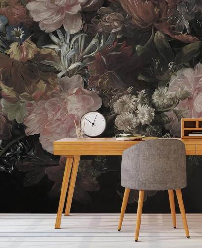 Zwarte achtergrond met realistische en grote witte en roze bloemen