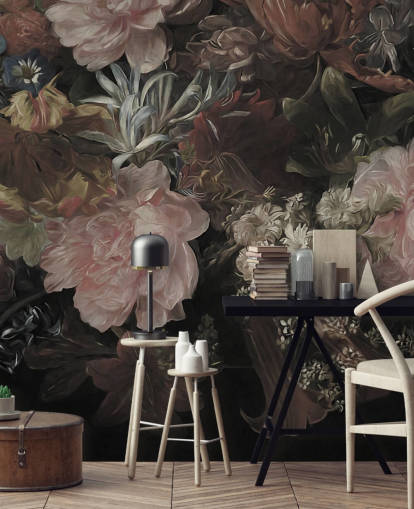 Svart bakgrund med realistiska och stora vita och rosa blommor Svart bakgrund med realistiska och stora vita och rosa blommor