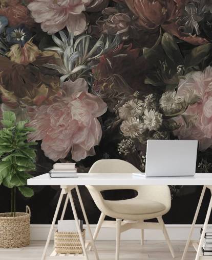 Schwarzer Hintergrund mit realistischen und großen weißen und rosa Blumen