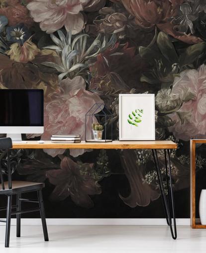 Fond noir avec de grandes fleurs blanches et roses réalistes