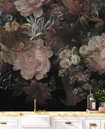 Black background with realistic and large white and pink flowers