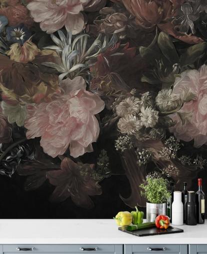 Black background with realistic and large white and pink flowers