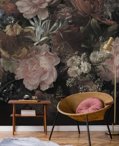 Fondo negro con flores grandes y realistas de color blanco y rosa