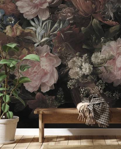 Schwarzer Hintergrund mit realistischen und großen weißen und rosa Blumen Schwarzer Hintergrund mit realistischen und großen weißen und rosa Blumen