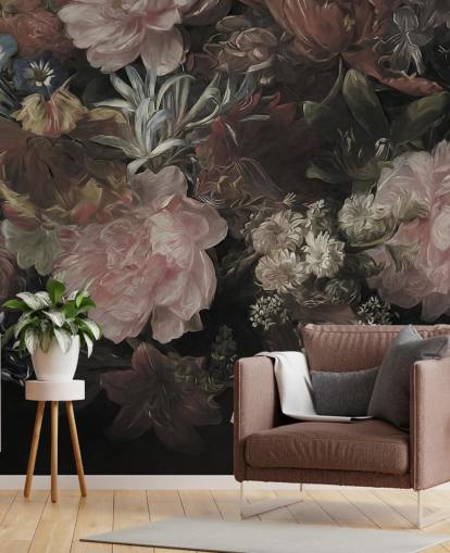 Svart bakgrund med realistiska och stora vita och rosa blommor