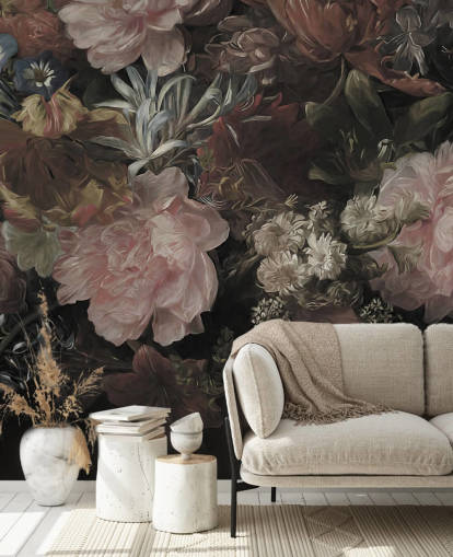Fondo negro con flores grandes y realistas de color blanco y rosa Fondo negro con flores grandes y realistas de color blanco y rosa