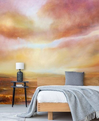 Pintura abstrata de uma paisagem amarela e rosa com o sol brilhando através das nuvens