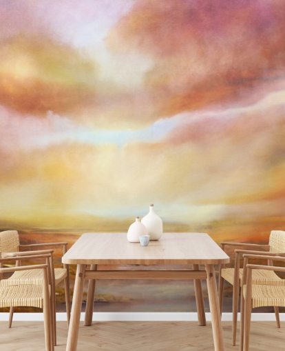 Abstract painting of a yellow and pink landsape with the sun shining through the clouds Abstract painting of a yellow and pink landsape with the sun shining through the clouds