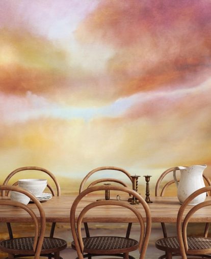 Abstract painting of a yellow and pink landsape with the sun shining through the clouds Abstract painting of a yellow and pink landsape with the sun shining through the clouds