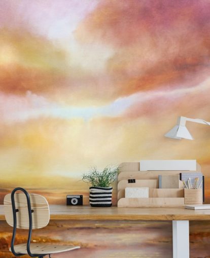 Pintura abstrata de uma paisagem amarela e rosa com o sol brilhando através das nuvens Pintura abstrata de uma paisagem amarela e rosa com o sol brilhando através das nuvens