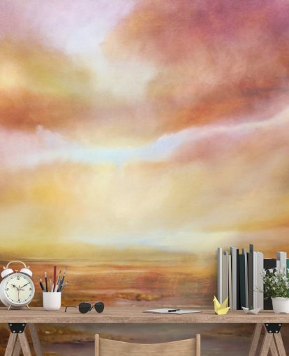 Dipinto astratto di un paesaggio giallo e rosa con il sole che splende tra le nuvole