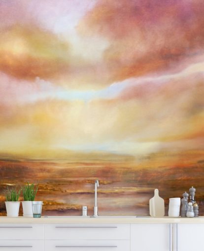 Abstrakt målning av en gul och rosa landsape med solen skiner genom molnen Abstrakt målning av en gul och rosa landsape med solen skiner genom molnen