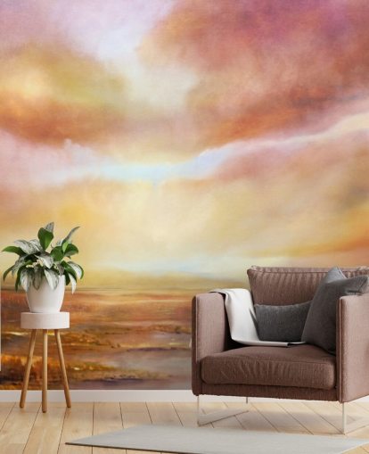 Pintura abstrata de uma paisagem amarela e rosa com o sol brilhando através das nuvens