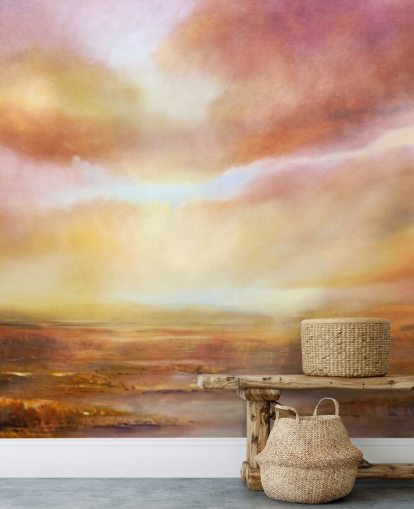 Peinture abstraite d'un paysage jaune et rose avec le soleil qui brille à travers les nuages
