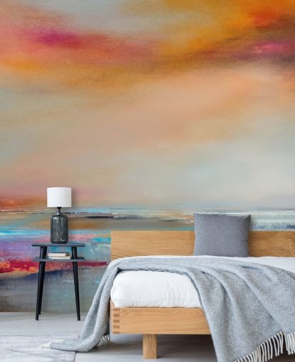 Pittura astratta gialla e rosa di un paesaggio con fiume e cielo