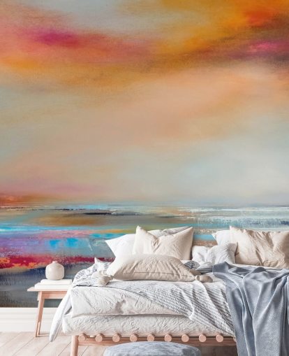 Yellow and pink abstract painting of a landscape with a river and sky