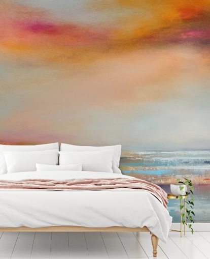 Keltainen ja vaaleanpunainen abstrakti maalaus maisemasta, jossa on joki ja taivas