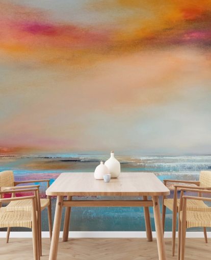 Peinture abstraite jaune et rose d'un paysage avec une rivière et un ciel Peinture abstraite jaune et rose d'un paysage avec une rivière et un ciel